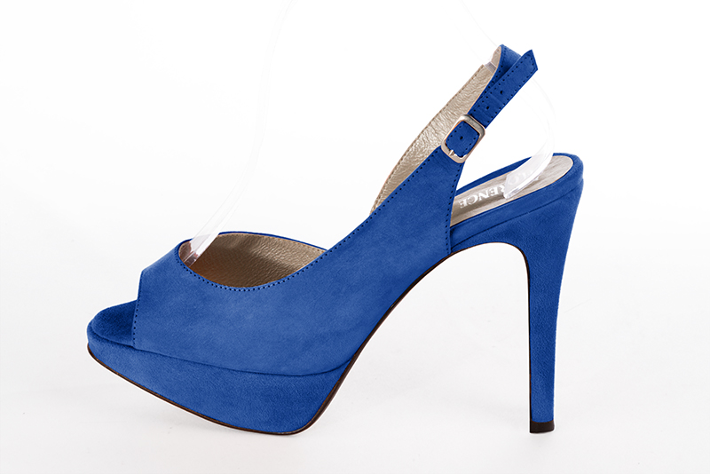 Electric blue women's slingback sandals. Round toe. Very high slim heel with a platform at the front. Profile view - Florence KOOIJMAN